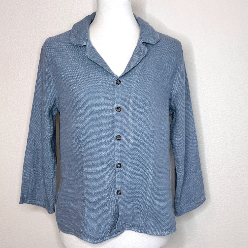 CP SHADES Button Up 3/4 Sleeves Top Small Blue Linen Blend Minimalist Coastal